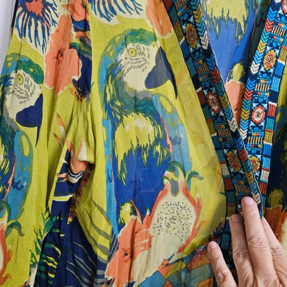 Vibrant Parrot Print Open Kimono Jacket - Multicolor - Picture 4 of 10